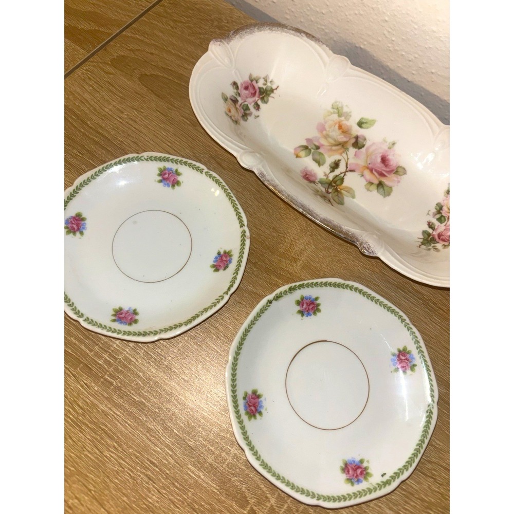 Vintage Bavarian Porcelain Set Oval Celery Tray & 2 Small Floral Saucers Dishes
